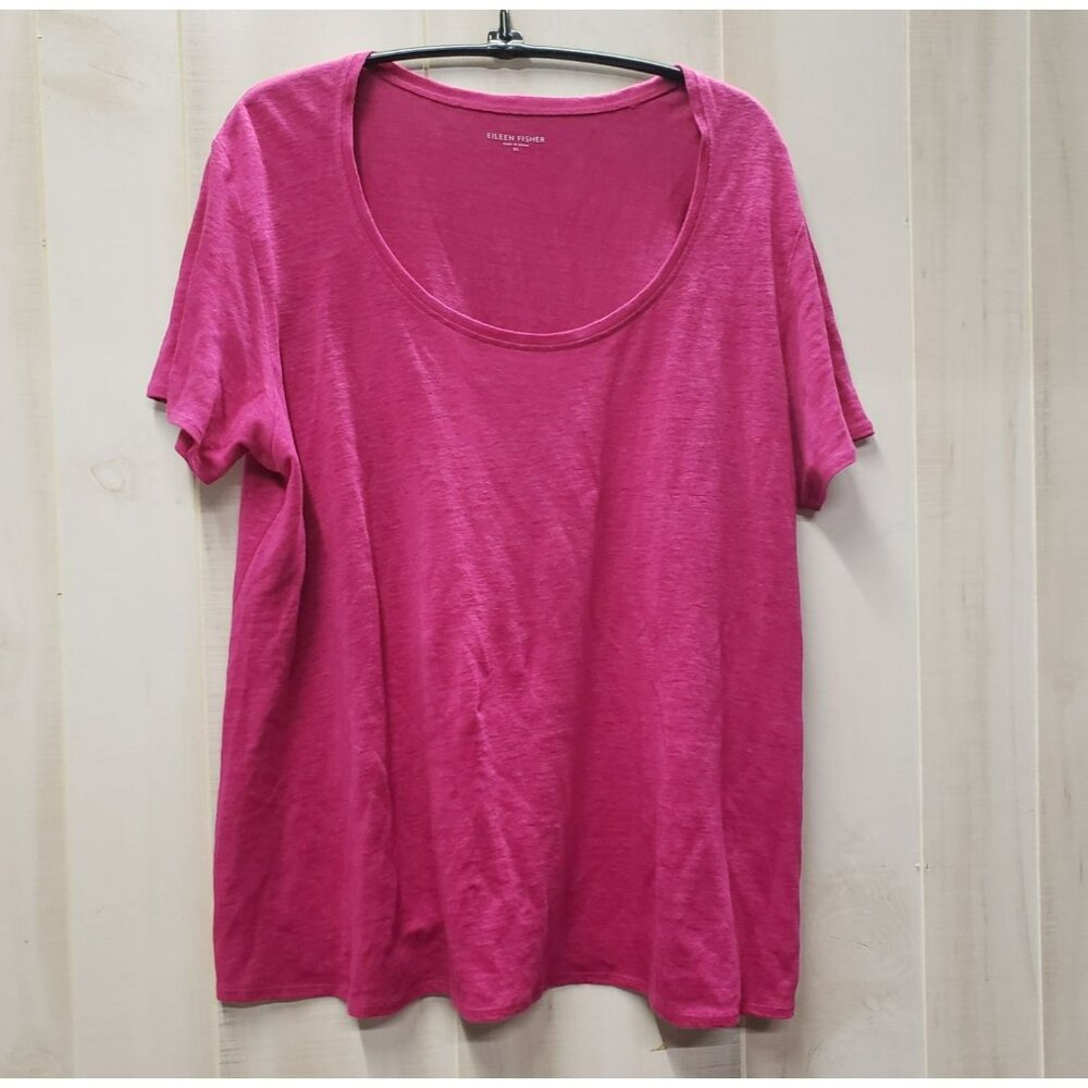 Eileen Fisher Linen Jersey Tee, XL, Fuschia, Wide U Neck, Cap Sleeve, NWT $118